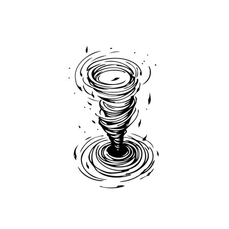 A monochrome illustration depicts a swirling tornado. The drawing captures the energy and destructive power of the weather phenomena with dark lines on a white background.のイラスト素材