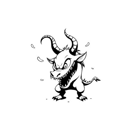 A striking black and white vector illustration of a fearsome devilish cartoon character. This image showcases a menacing creature with sharp teeth, horns, and an angry expression, perfect for fantasy and horror themes.のイラスト素材