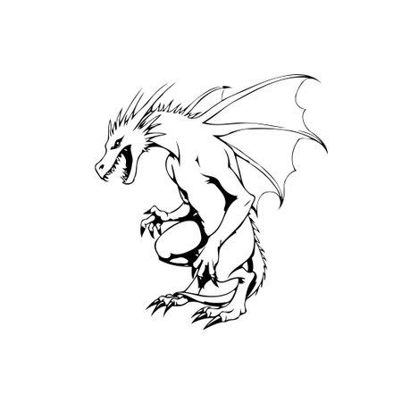 Detailed black and white illustration of a mythical dragon. The dragon shows sharp claws and scales with its wings spread ready to fly.のイラスト素材