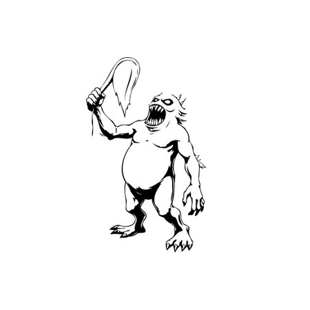A black and white drawing depicting a menacing monster wielding a weapon, perfect for Halloween or fantasy-themed art, conveying a sense of horror and dread.のイラスト素材