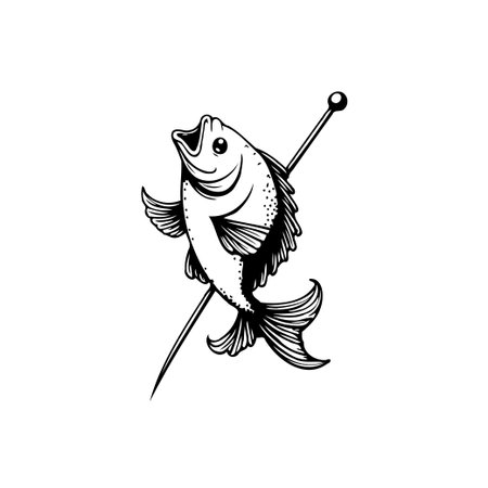 A detailed monochrome illustration depicts a fish impaled by a spear, capturing a harsh reality of wildlife. It evokes themes of conservation and the impact on aquatic life.のイラスト素材