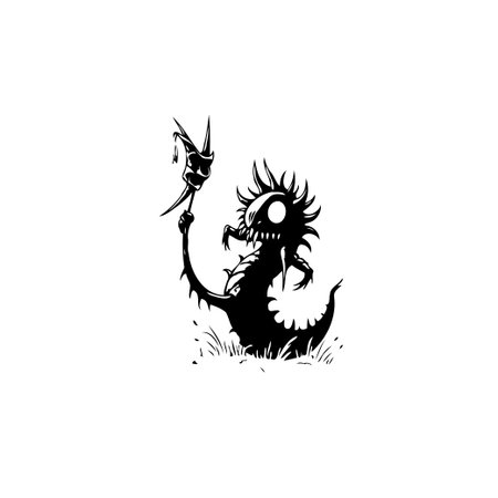 A spiky monster holds a mask in an illustrative black and white drawing. The whimsical scene creates a comical, slightly spooky atmosphere with its dark silhouette.のイラスト素材