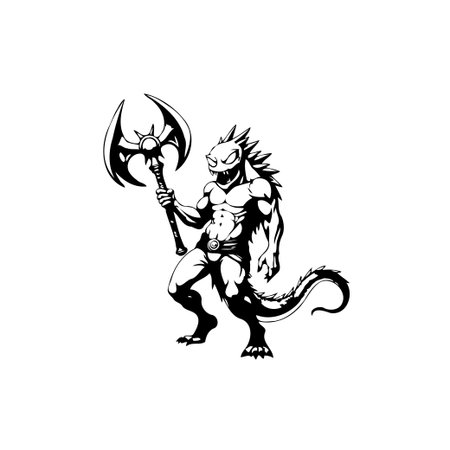 A stylized black and white illustration depicts a muscular lizard warrior holding a menacing axe, embodying strength and readiness for combat.のイラスト素材