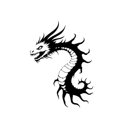 Captivating black and white illustration of a dragon, a mythical creature. The design embodies fantasy and cultural symbolism, perfect for artistic and decorative uses.のイラスト素材