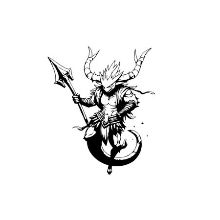 A stylized illustration depicts a horned warrior holding a spear. The character is rendered in bold black lines, creating a striking contrast against the white background.のイラスト素材