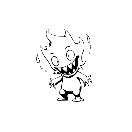 A cartoonish fire spirit character with sharp teeth and wide eyes, outlined against a white background. Perfect for illustrations.のイラスト素材