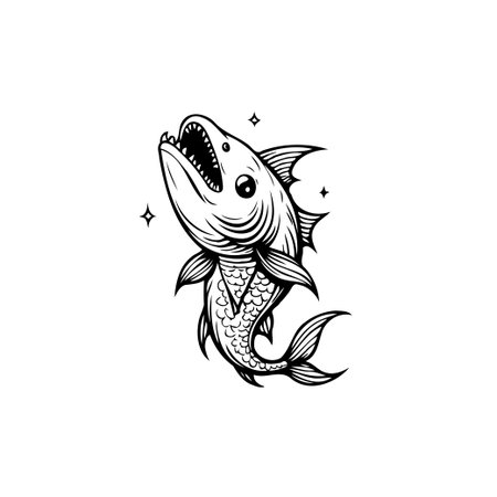 This monochrome fish illustration showcases a detailed depiction of aquatic wildlife. It is perfect for designs needing a touch of vintage style and nature.のイラスト素材