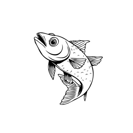 A detailed vector illustration of a fish, showcasing intricate scales and fins. This drawing presents an aquatic animal in a monochrome style, perfect for nature or fishing themes.のイラスト素材