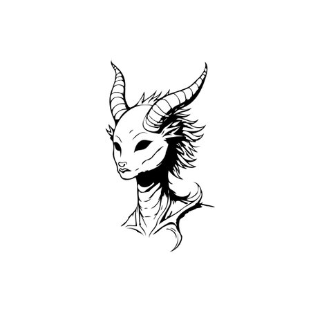 An intriguing portrait of a mythical creature, featuring prominent horns and captivating, ethereal eyes. The artwork showcases a unique, black and white sketch style, perfect for fantasy or horror themes.のイラスト素材