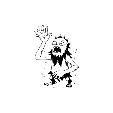 A cartoonish monster character with spiky hair raises its hand in a monochrome illustration against a white background, adding a touch of funny and scary to the design.のイラスト素材