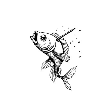 A monochrome illustration depicts a fish with a hook in its head. This design showcases fishing and aquatic life, ideal for posters and more.のイラスト素材