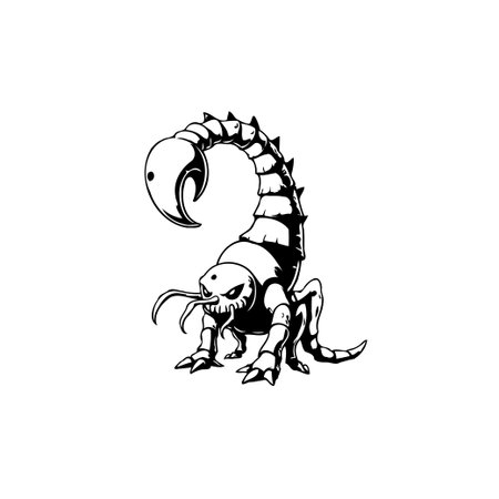 An illustration showcasing a stylized scorpion in black and white with a ready to strike pose, highlighting its menacing nature and formidable stinger.のイラスト素材