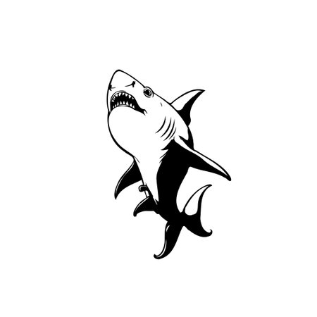 A captivating black and white silhouette showcases a formidable shark, embodying marine power. Ideal for designs, illustrations, and projects highlighting the ocean's beauty and inherent dangers.のイラスト素材