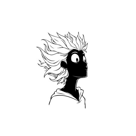 Stylized cartoon portrait featuring a character with a surprised expression, spiky hair, and a hoodie, rendered in a black and white line art style.のイラスト素材