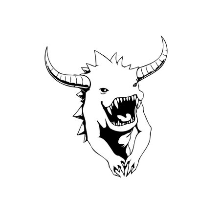 This is a black and white vector illustration of a dragon head. It features sharp teeth, horns, and claws, giving it a fierce look that is suitable for artwork.のイラスト素材