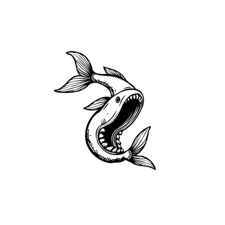 Detailed illustration of a fish with an open mouth, showcasing intricate linework. Suitable for tattoo design, print, or creative projects, conveying a sense of nature and danger.のイラスト素材