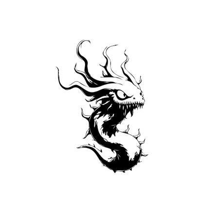 A detailed black and white illustration of a dragon with sharp teeth, scales and spikes, perfect for fantasy and tattoo designs.のイラスト素材