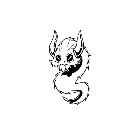 This is a simple, black and white illustration of a whimsical monster with horns and a tail. The design is clean and playful, making it perfect for a variety of creative projects.のイラスト素材