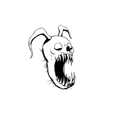 A bizarre black and white drawing of a creepy monster rabbit head with a gaping mouth full of sharp teeth, perfect for horror illustration or a halloween theme.のイラスト素材