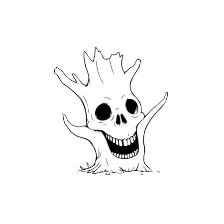 A spooky tree character design with a skull face and branches, perfect for Halloween artwork. Outline drawing with a touch of creepy cartoon flair.のイラスト素材