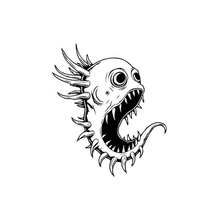 A surreal and scary sea monster with spiky fins, a wide open mouth and surprised eyes. This monster is perfect for Halloween decorations.のイラスト素材