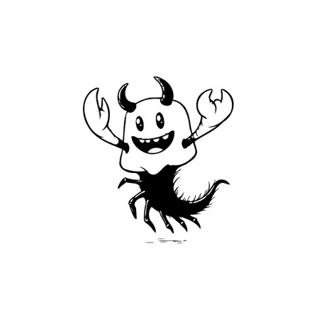 A whimsical cartoon monster character with a unique design, featuring horns, claws, and a friendly smile. Perfect for illustrations and designs that need a playful and cheerful touch.のイラスト素材