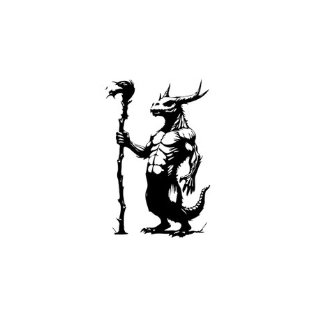 A black and white illustration portrays a muscular, dragon-like figure with horns, holding a staff. This image is reminiscent of a mythical creature from gothic fantasy tales.のイラスト素材