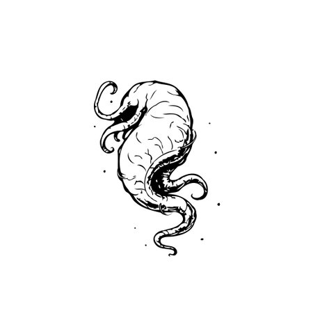 A hand-drawn illustration of a mysterious sea creature with tentacles, perfect for fantasy, horror, or ocean-themed designs. The minimalist style and black and white color palette add a touch of eerie elegance.のイラスト素材
