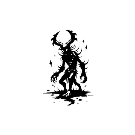 A black silhouette of a mysterious creature with antlers and surrounding stars against a white background, perfect for fantasy or horror-themed designs.のイラスト素材