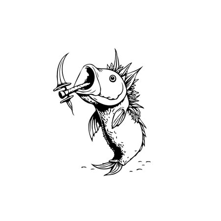 A monochrome drawing depicts a whimsical fish smoking a pipe while holding a curved blade. The artwork has a stylized and slightly bizarre aesthetic, reminiscent of vintage engravings.のイラスト素材