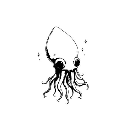 A charming cartoon squid illustration showcases large, expressive eyes and flowing tentacles. It is simple, artistic, and monochromatic design, perfect for various creative projects.のイラスト素材