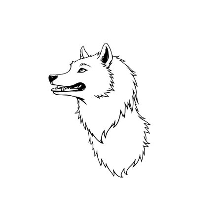 A striking black and white portrait of a wolf, showcasing its majestic and wild nature. The artwork captures the canine's fierce gaze and furry details.のイラスト素材