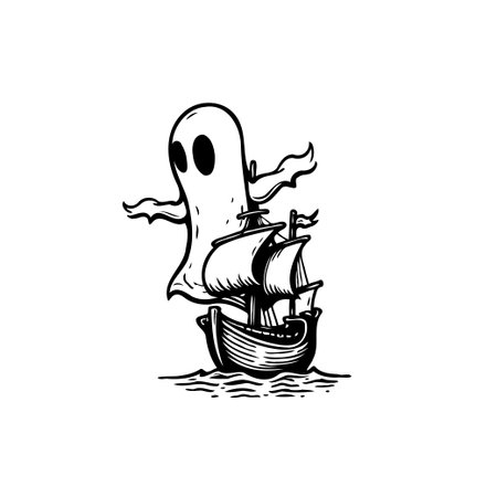 A charming illustration depicts a friendly ghost joyfully steering a vintage ship, navigating the high seas with a whimsical sense of adventure.のイラスト素材