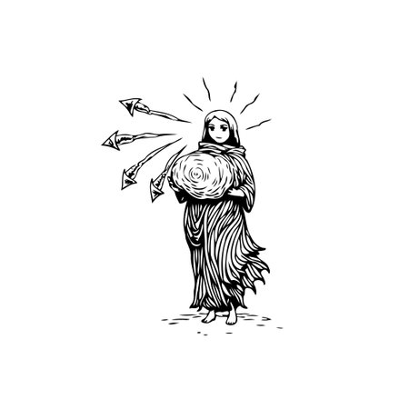 This is a monochrome illustration showing a woman holding a sphere, with arrows pointing towards her. It could symbolize challenges, burdens, or tests of faith and resilience.のイラスト素材