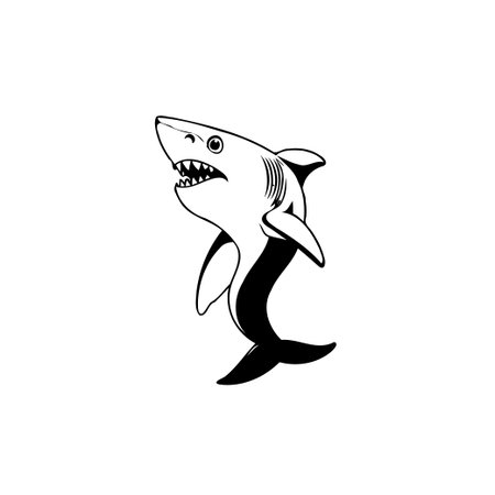 A bold black and white illustration of a shark with sharp teeth, perfect for aquatic themed designs and branding.のイラスト素材