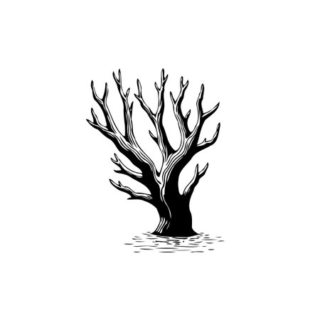 A monochrome hand-drawn illustration of a bare tree with leafless branches, evoking the beauty of nature in a minimalist style. A striking silhouette on a white background.のイラスト素材