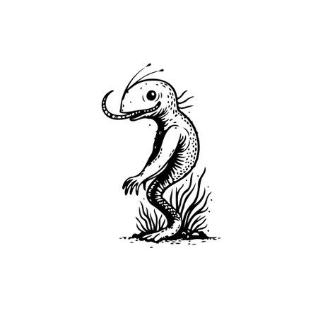 A black and white ink drawing showcases a whimsical alien creature, featuring unique anatomical elements and a playful expression. The art style suggests a fantastical design.のイラスト素材