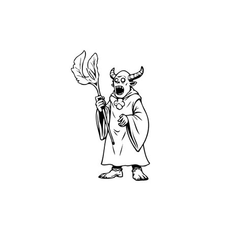 A minimalist illustration features a horned character, possibly a demon or goblin, holding a leaf. The design is simple, rendered in black and white, making it ideal for fantasy themes.のイラスト素材