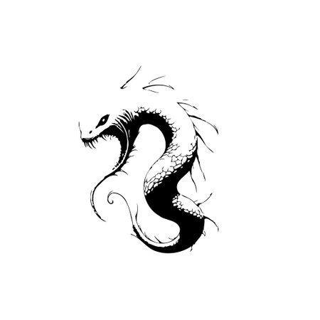 A monochrome illustration showcases a stylized serpentine creature, blending dragon-like and snake-like features. The design, with sharp lines and abstract elements, evokes a sense of mystery and fantasy.のイラスト素材