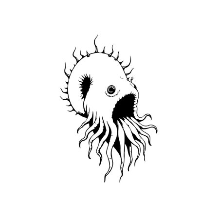 A strange deep sea monster with tentacles emerges from the shadows in this striking black and white illustration, perfect for fantasy or horror themes.のイラスト素材