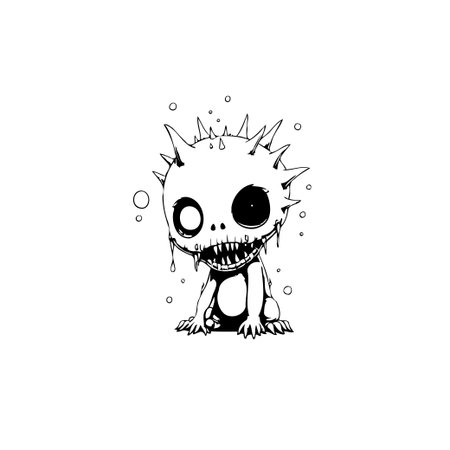 A creepy cute monster sketch with spikes and drool. A unique black and white illustration, perfect for adding a touch of spooky charm to your creative projects.のイラスト素材