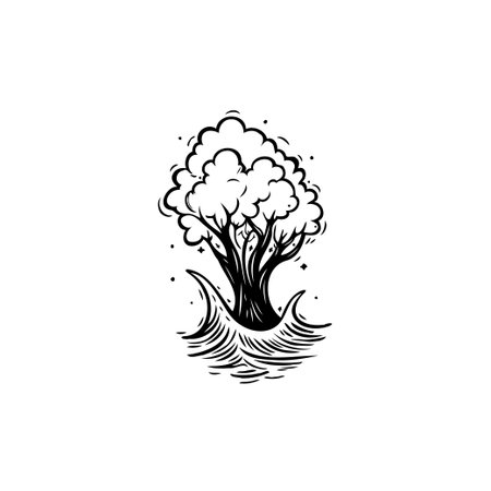 A black and white illustration featuring a single tree rooted in the ocean, symbolizes the harmony between terrestrial and aquatic environments, perfect for artistic purposes.のイラスト素材