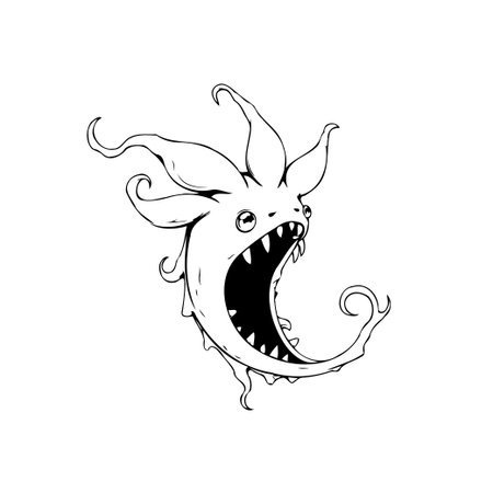 An outlined imaginary creature with sharp teeth and waving appendages. Vector illustration making for a children's story tale or as a spooky clip art.のイラスト素材