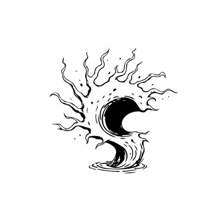 A striking stylized vector artwork portrays a dark fluid entity reminiscent of a tree, with swirling branches that creates a mysterious and captivating ambiance.のイラスト素材