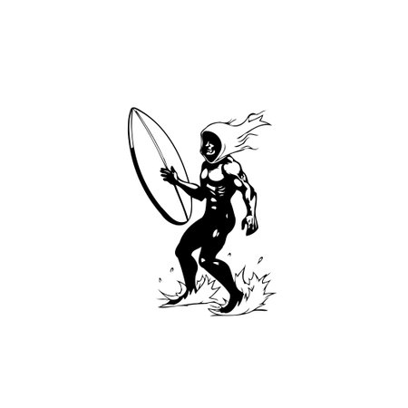 Monochrome illustration of a hooded man with a surfboard, ready to ride the waves. A graphic design that perfectly captures the essence of surfing and beach lifestyle.のイラスト素材