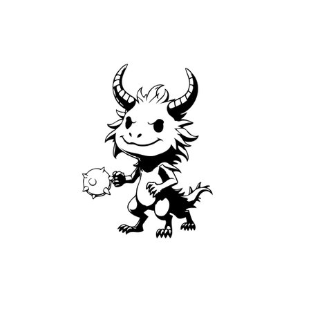 A black and white cartoon of a dragon with a studded weapon, exuding a mischievous charm perfect for fantasy illustrations or children's stories.のイラスト素材