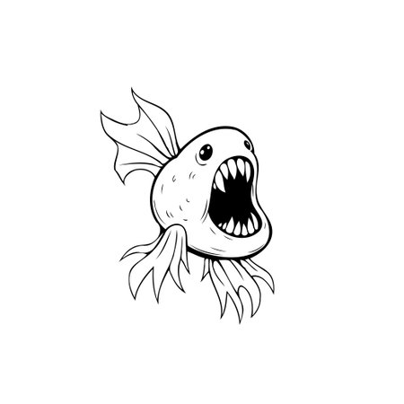 A stylized illustration of a fish with a comically exaggerated open mouth and sharp teeth, creating a whimsical yet slightly menacing cartoon character design.のイラスト素材