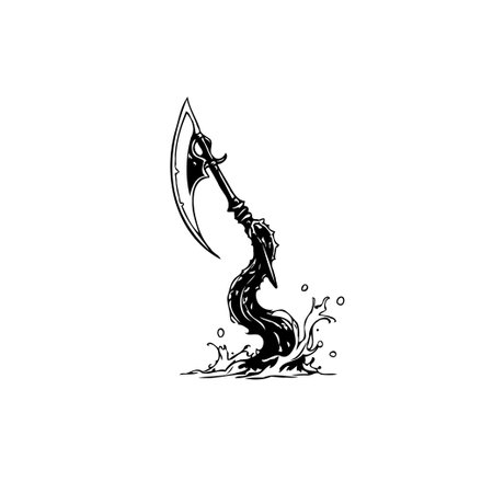 An axe is emerging from water with ripples on an isolated white background. It's a graphic illustration for design element concept artwork, with detailed drawing in black color.のイラスト素材