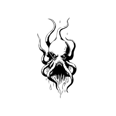 A striking black and white illustration of an octopus. The detailed tentacles and piercing eyes create a visually arresting image, perfect for various design projects.のイラスト素材
