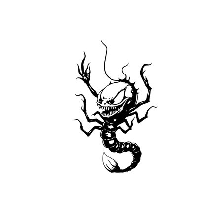 A striking black and white illustration of a cartoonish monster. The intricate design is perfect for halloween themed projects, tattoos, or as a creative graphic element.のイラスト素材